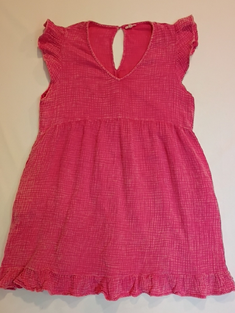 Flutter Sleeve Cotton Gauze Baby Doll Midi Pink Summer Dress W/ Pockets Size Med